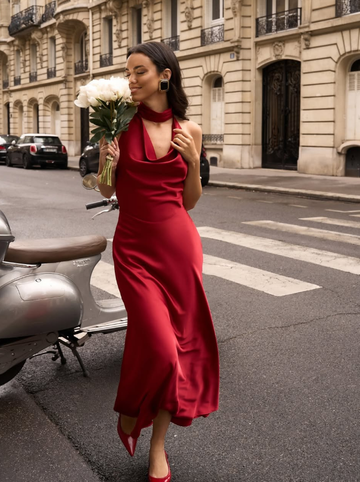 Sexy Burgundy A Line Halter Pearl Satin Open Back Prom Dress Party Dress Formal Dress HZ1023